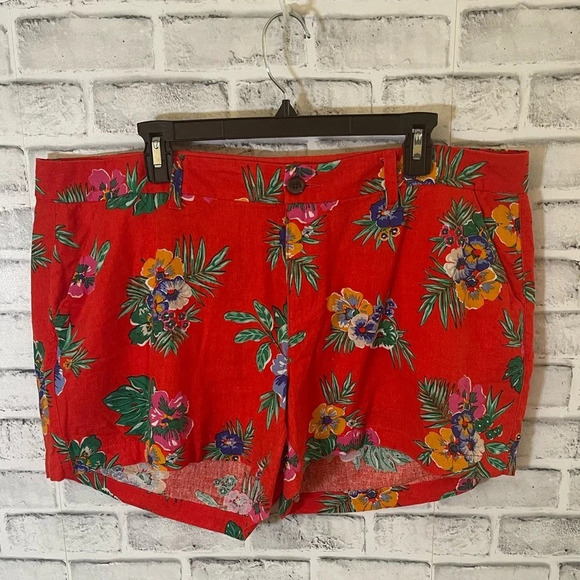 Old Navy Pants - Old Navy red linen vibrant floral tropical shorts size 16